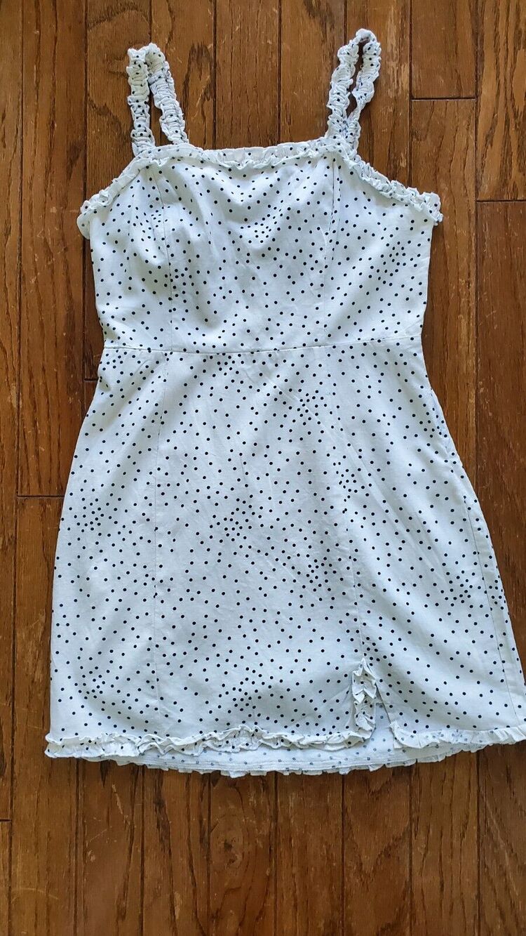 Urban Outfitters Women's Linen-Blend Ivory Black Polka Dot Dress Medium